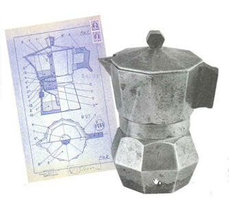Schematische Diagramm der Bialetti Kaffeemaschine und der Prototyp